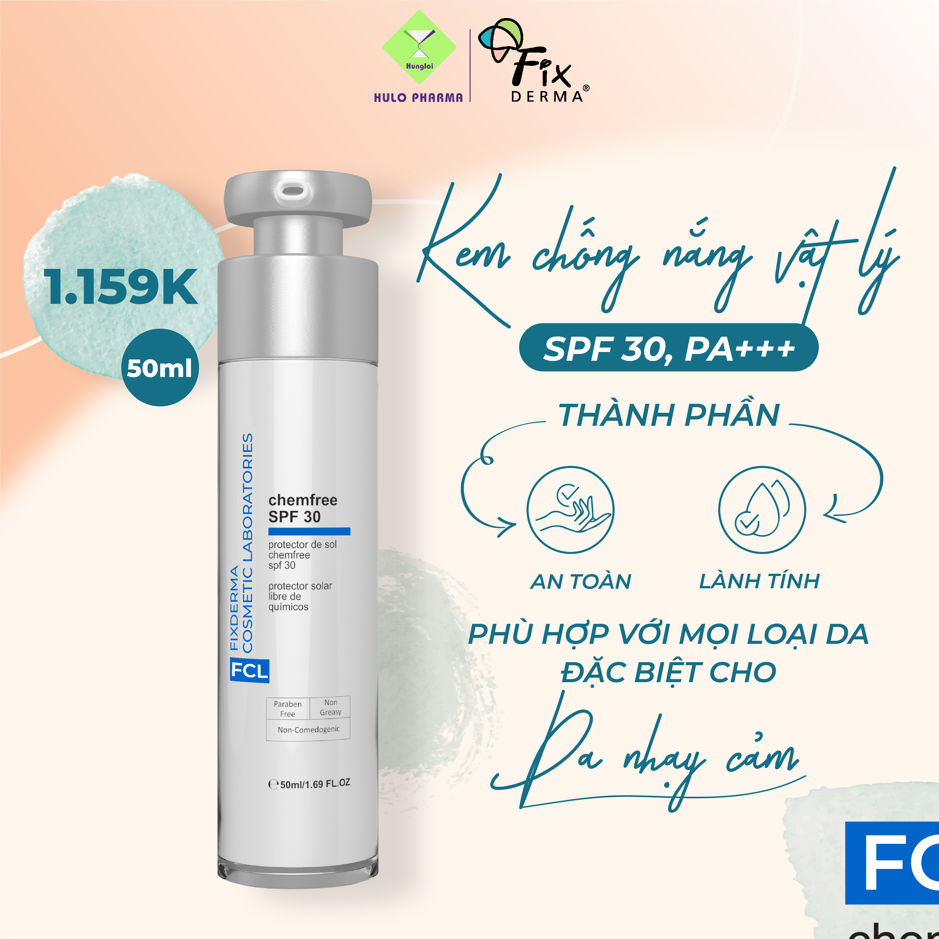 Kem Chống Nắng Vật Lý FCL Chemfree SPF 30 Bảo Vệ Da, Phù Hợp Cả Da Mụn Và Nhạy Cảm, Nâng Tone Nhẹ 50ml - Hùng Lợi