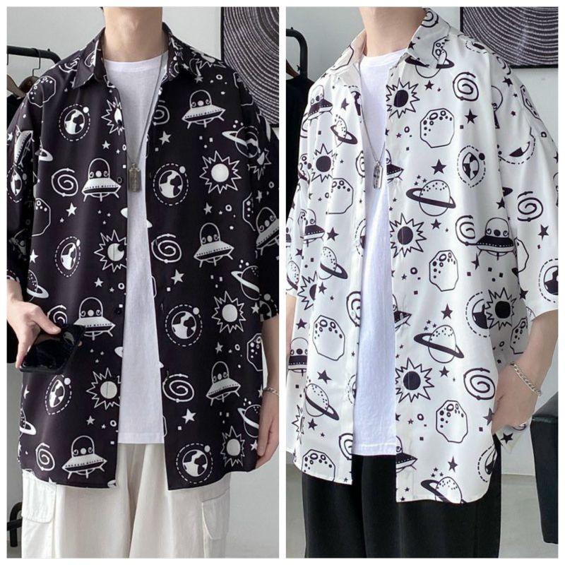 Áo sơ mi tay ngắn unisex, form rộng in hoạ tiết