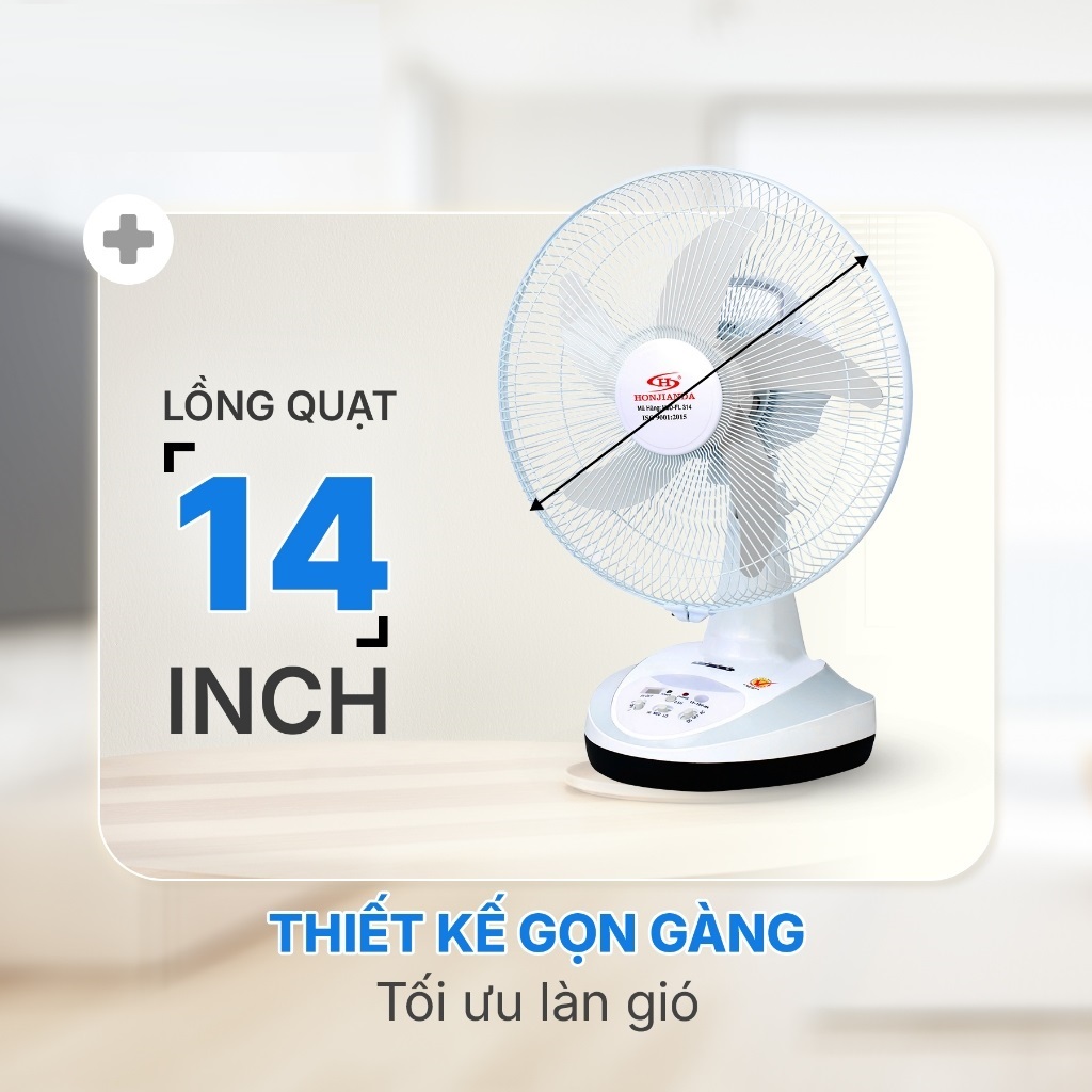 Quạt Sạc Tích Điện để bàn AC&amp;DC 14 inch Honjianda FL314 có đèn LED &amp; sạc USB - Hàng Chính Hãng