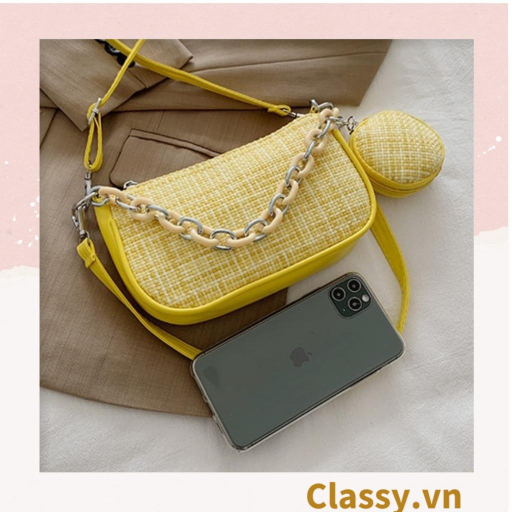 Túi Kẹp Classy nách dây xích màu trà sữa kiểu dáng Vintage phong cách Retro chất liệu vải tuýt sang trọng