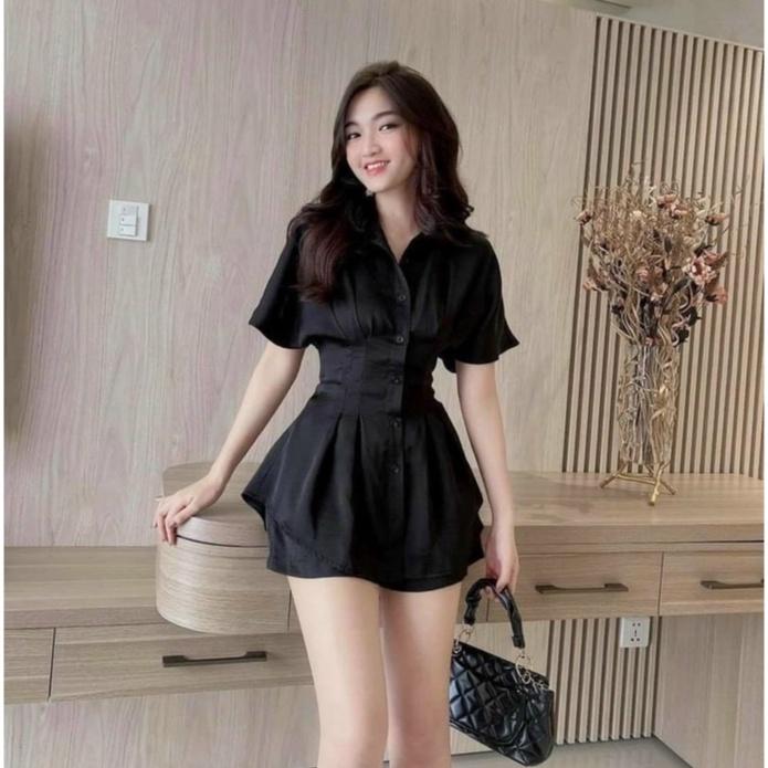 Sét bộ đùi áo cổ sơ mi cài nút ôm eo tay ngắn phối quần đùi phù hợp phong cách mùa hè chất liệu tuyết nhung 4 màu