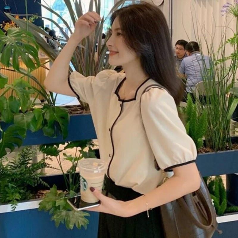 MS648 Áo sơ mi, áo kiểu nữ cổ vuông tay bồng vintage