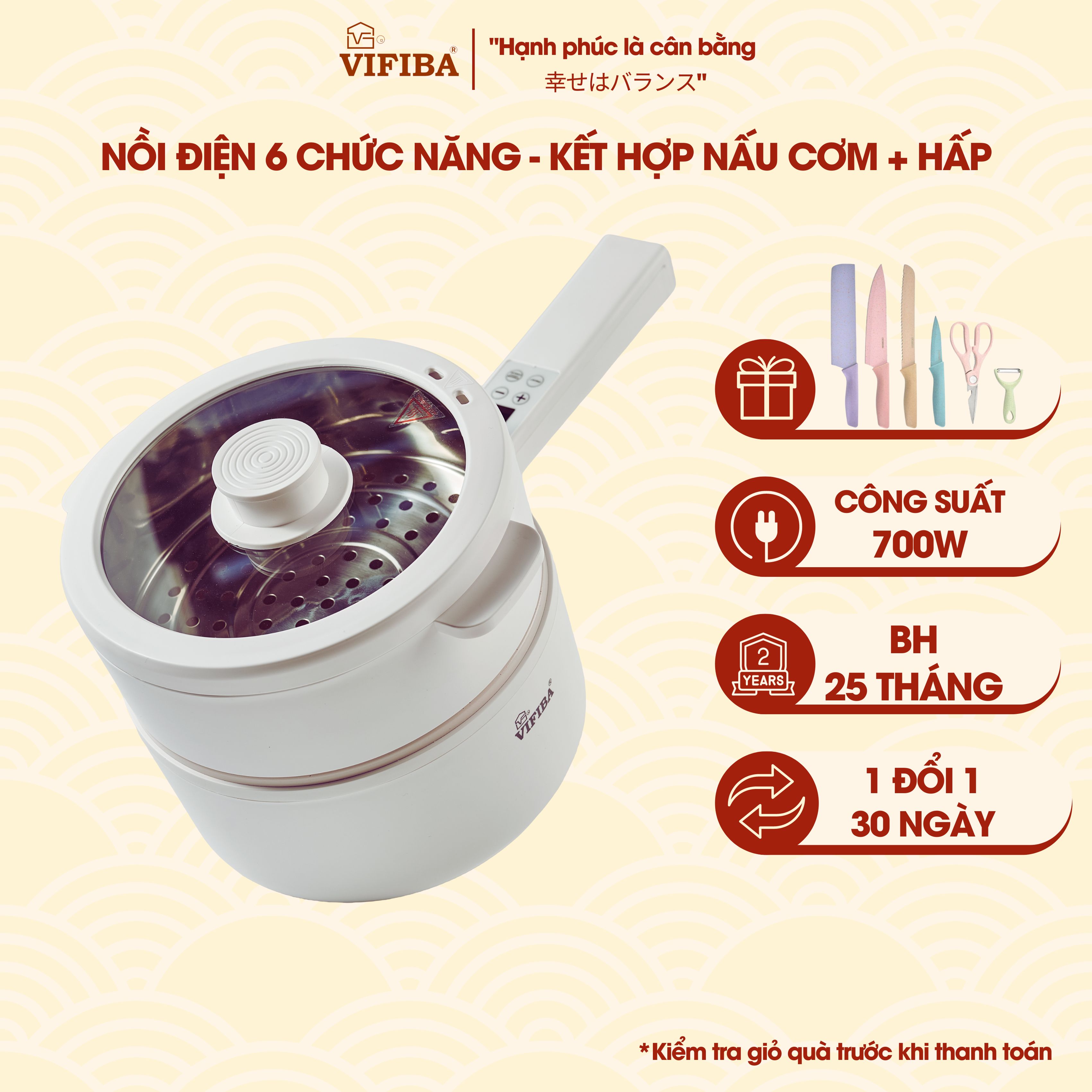 Nồi hấp điện 2 tầng đa năng 6in1 Hàng Chính Hãng VIFIBA 5 cấp độ, chống dính tay cầm dài - Nấu, Chiên, Xào, Hấp, Lẩu , Cháo,...