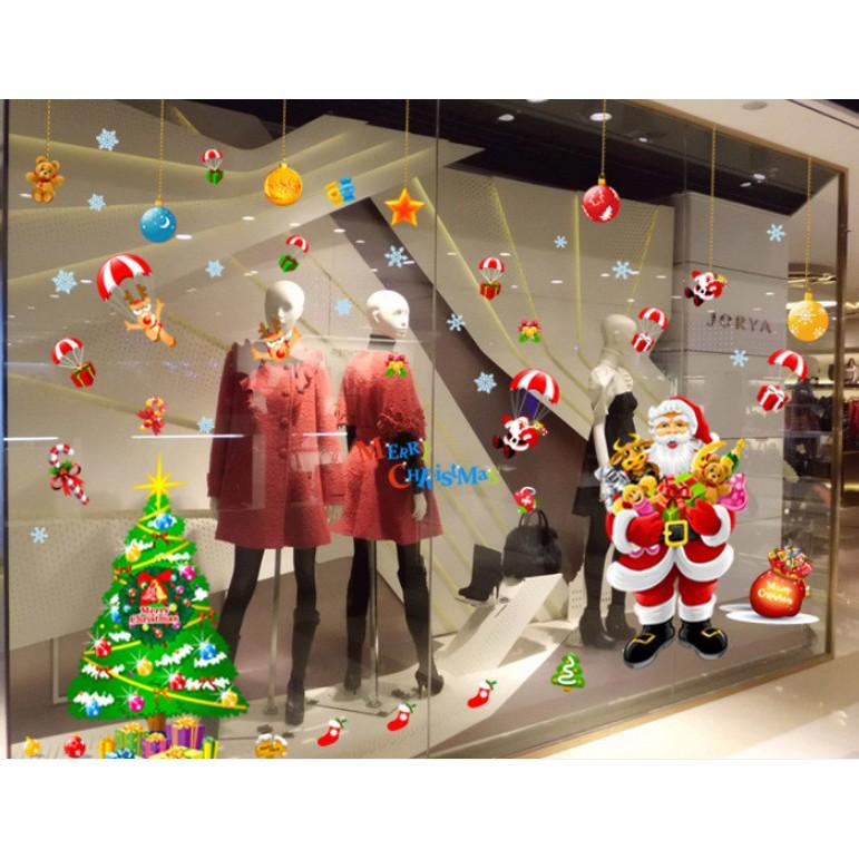 Decal trang trí noel bộ ghép size lớn ông già noel cây thông và phụ kiện treo