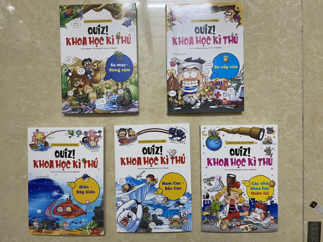 Combo 05 cuốn Quiz khoa học kì thú: Sa mạc rừng rậm, Sơ cấp cứu, Biển đáy biển, Nam cực Bắc cực , Các nhà khoa học thiên tài