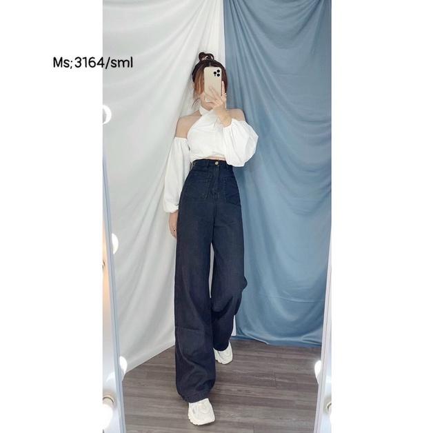 Quần Jeans Dài Ống Rộng Đen Lưng Cao Phối 2 Túi Q054