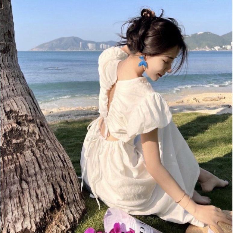Đầm váy maxi lưng dây rút linen full lót lụa tay phồng hở lưng cổ tròn midi trắng đi biển dự tiệc cao cấp size S M L