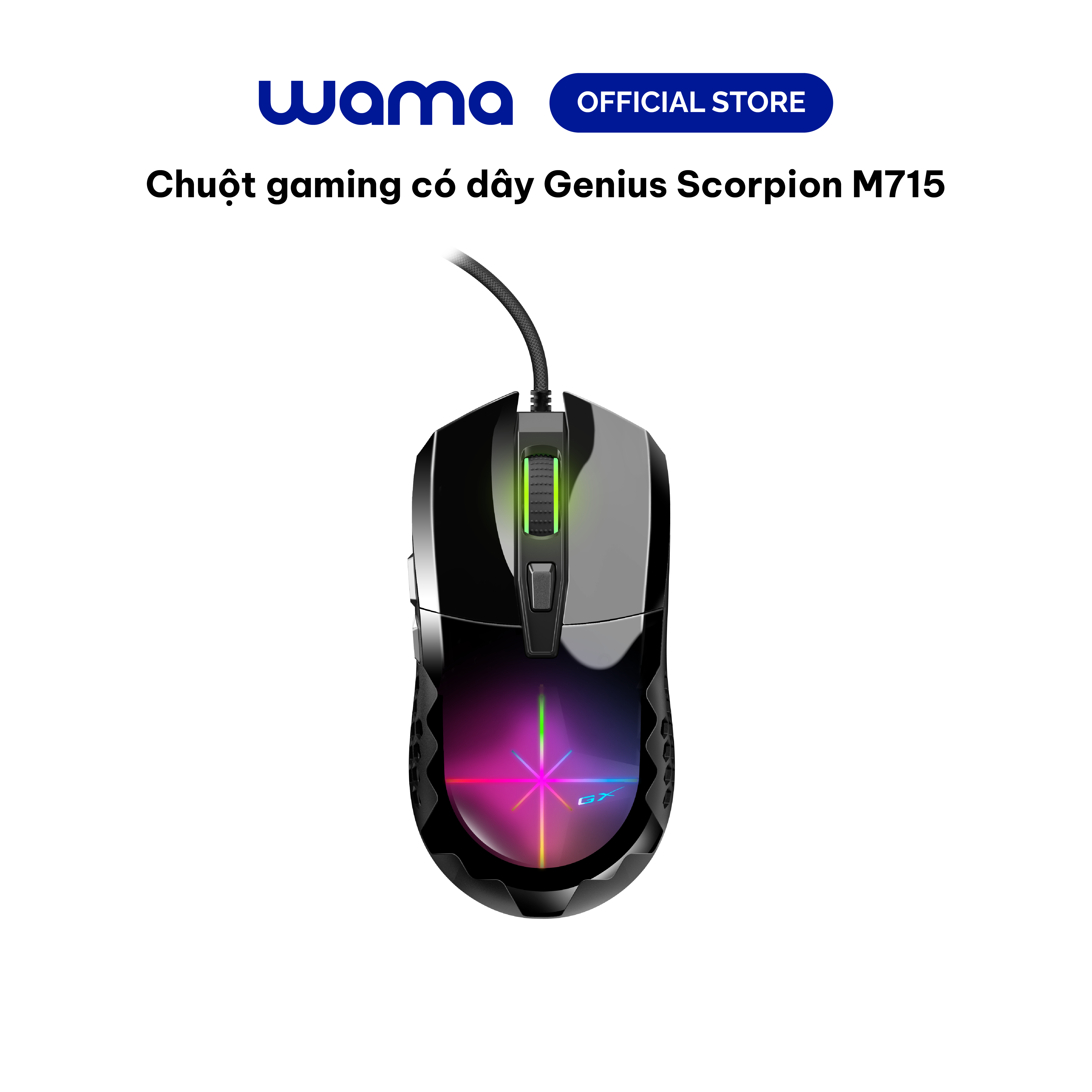 Chuột gaming có dây Genius Scorpion M715 màu đen - nhẹ, 6 nút lập trình, 7 màu LED, DPI 7200, Hàng chính hãng, Bảo hành 1 năm