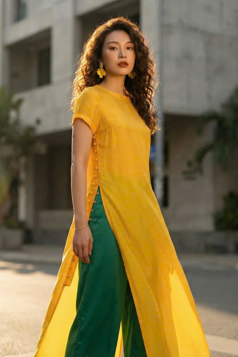 Áo Dài Cách Tân Kiêm Đầm Suông Lụa Vàng Dã Quỳ ADA015 thời trang thiết kế Hity