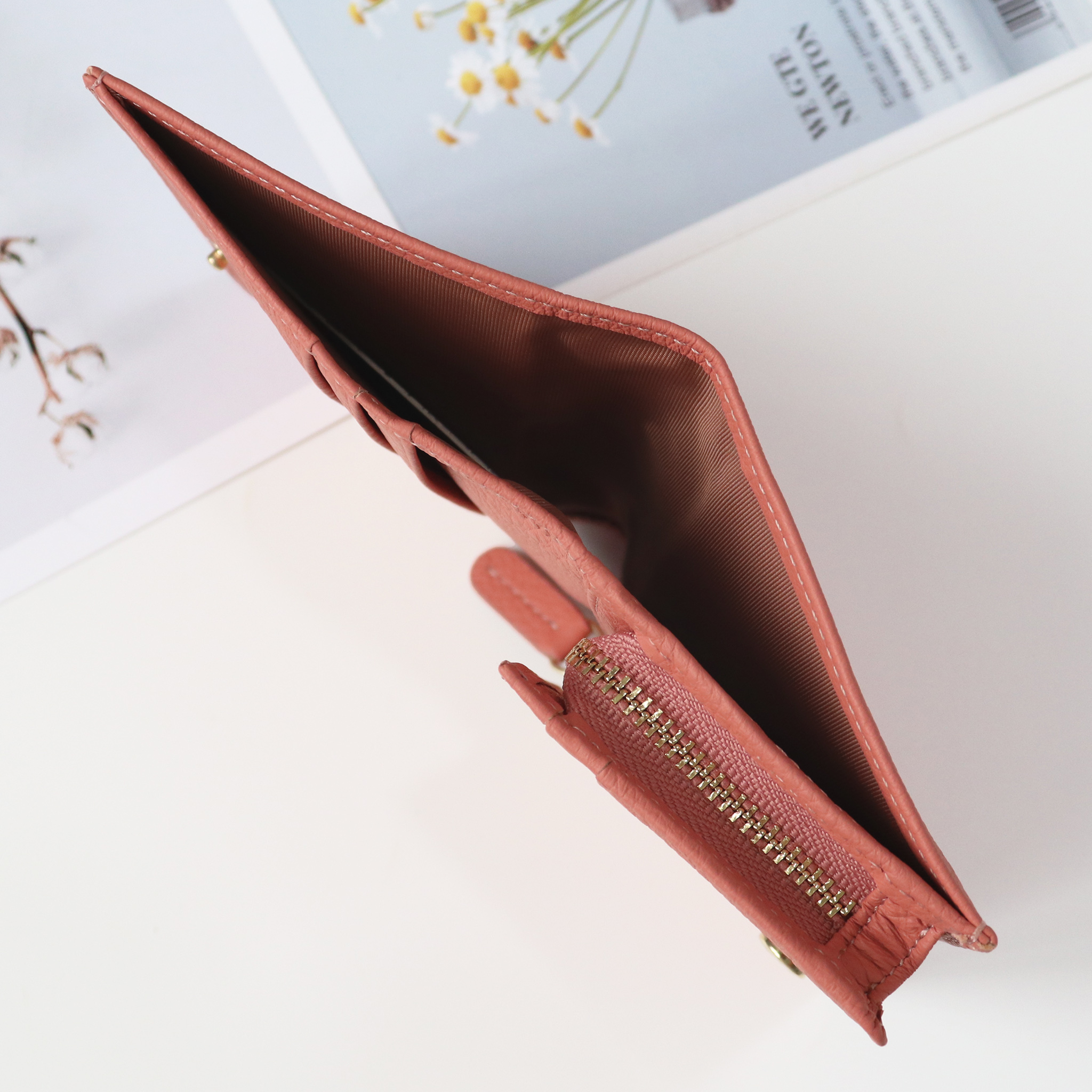 Ví nữ gấp mini da bò trơn Pink Ohara