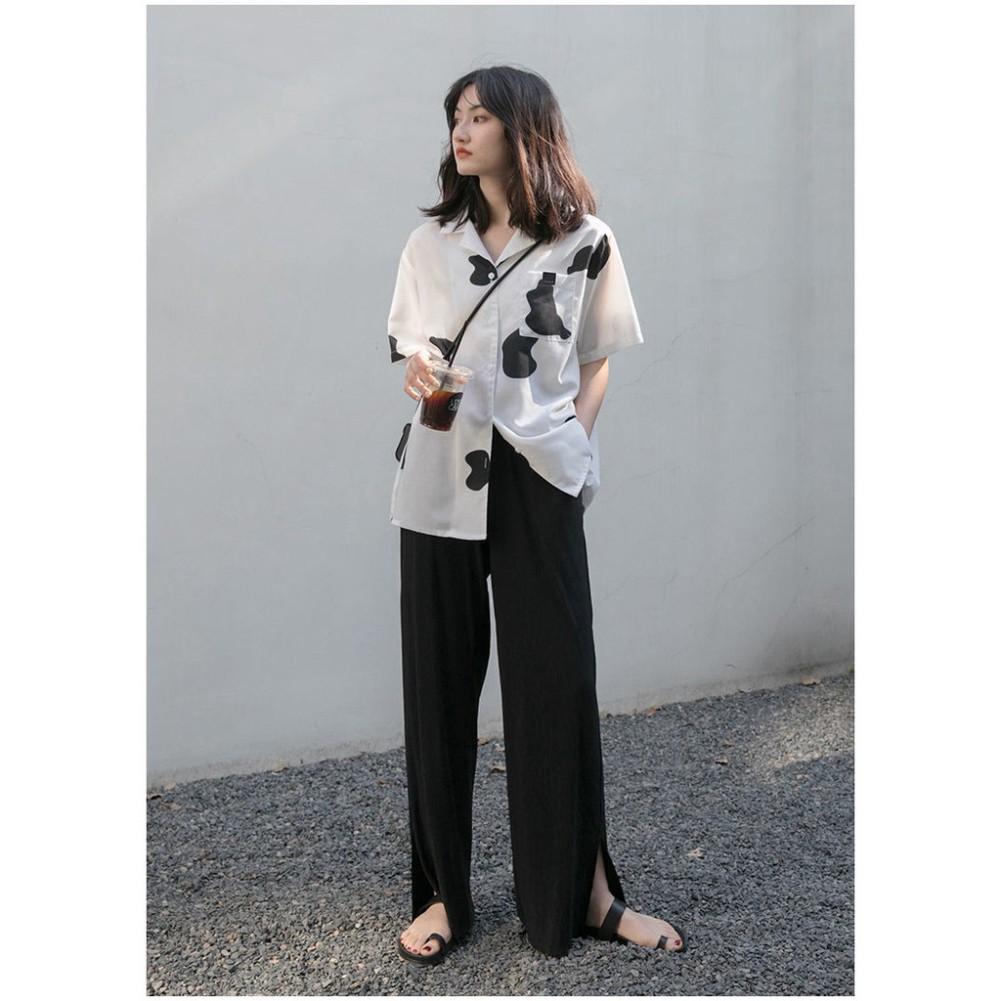 Áo sơ mi cộc tay form rộng dáng suông basic phối loang bò sữa màu trắng TopOneStore