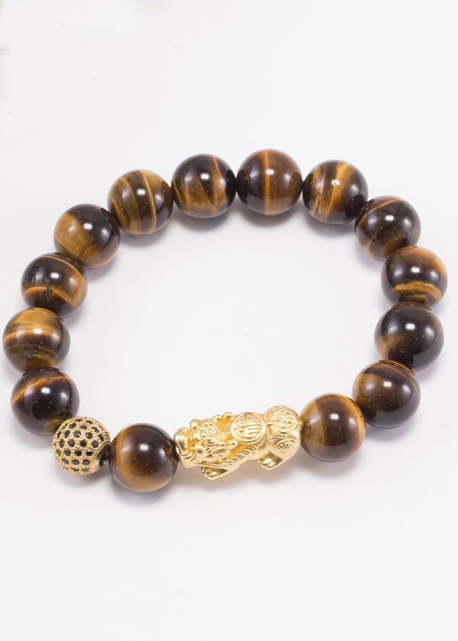 Vòng Tay Nam Đá Mắt Hổ Vàng Nâu Phối Tỳ Hưu Bạc Mạ Vàng 24K Ngọc Quý Gemstones