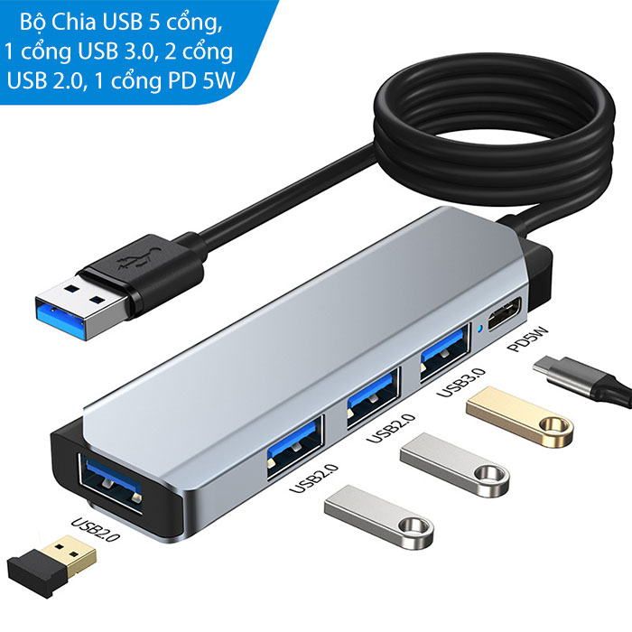 HUB USB 3.0 tốc độ cao 5 in 1 ( 3 usb2.0, 1 usb3.0, 1 cổng Pd 5W) Chân Usb – Ad611s bộ chia cổng usb mở rộng kết nối chuyển đổi cho Laptop PC máy tính kết nối đa năng ổ cứng bàn phím chuột máy in, thiết bị ổ chia usb