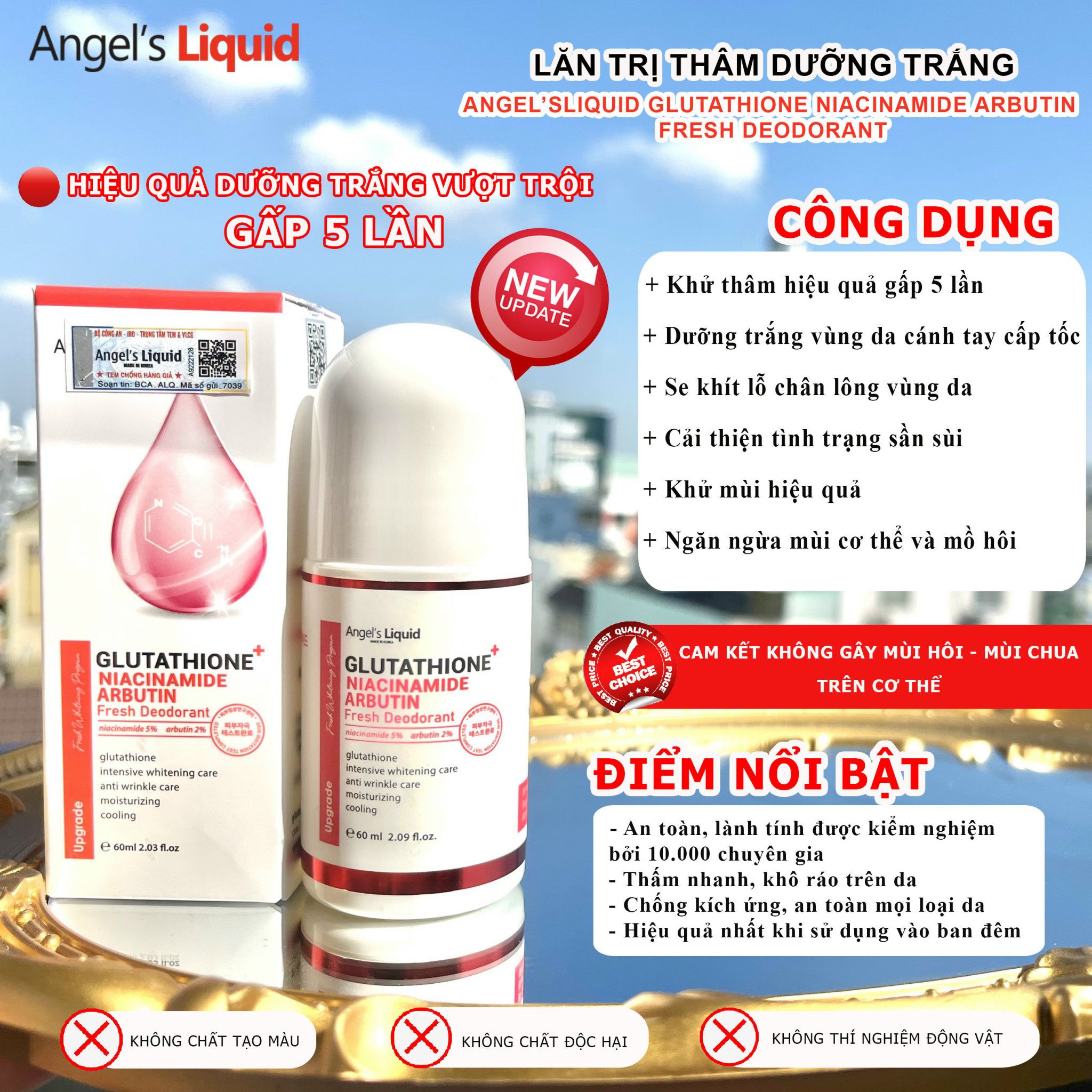 Lăn Khử Mùi, Dưỡng Trắng, Giảm Thâm Angel's Liquid Glutathione Fresh-Up Whitening Magic Deo Stick 60ml