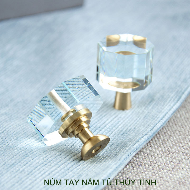 01 Núm tay nắm ngăn kéo bàn, tủ, cửa đa năng bằng thủy tinh và hợp kim đồng