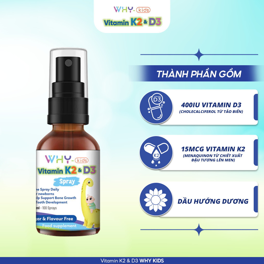 [Mua 2 Tặng 1 Kem] Vitamin D3 K2 Whykids Dạng Xịt Giúp Bé Tăng Khả Năng Hấp Thụ Canxi Tốt Cho Sức Khoẻ - Chai 15m