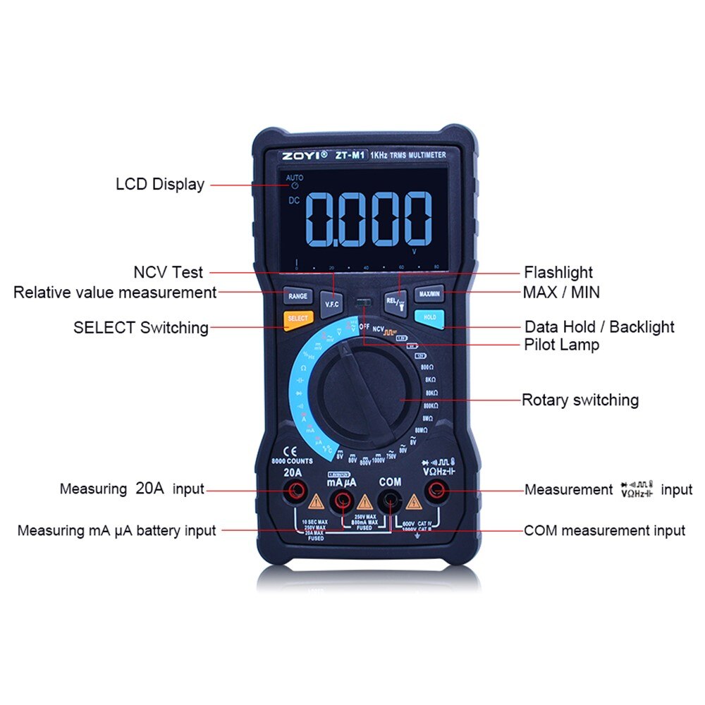 Đồng Hồ Đo Điện Vạn Năng ZOYI ZT-M1 Vạn Năng Kỹ Thuật Số Màn Hình LCD AC/DC Khuếch Tự Động/Bằng Tay Phạm Vi Tần Số Điện Trở Điốt Máy Kiểm Tra Nhiệt Độ
