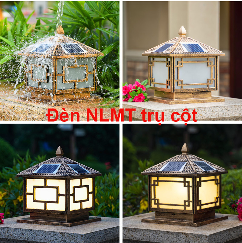 Đèn năng lượng mặt trời trụ cột sân vườn,Vỏ nhôm ,Tấm pin liền , kích thước 25x25cm