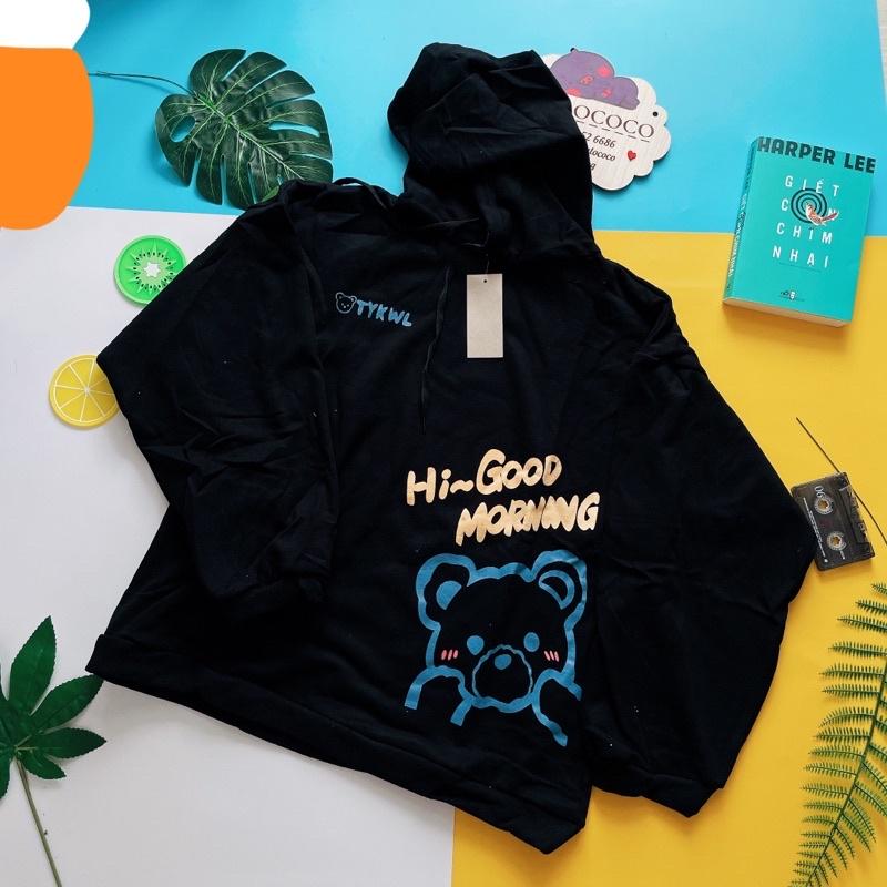 ÁO HOODIE CÓ MŨ FORM RỘNG MÀU ĐEN HÌNH GẤU GOOD MORNING