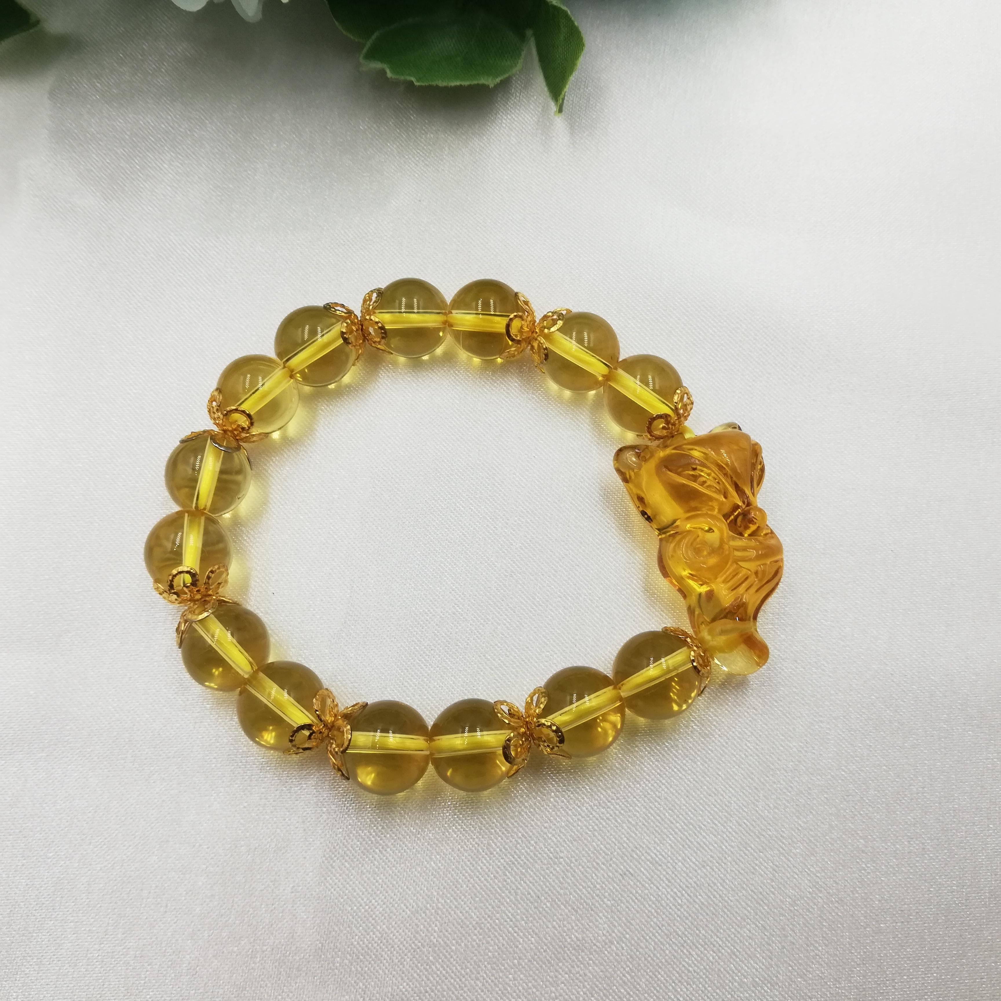 Vòng Tay Hồ Ly Ôm Hoa Hồng Topaz Vàng Phối Thạch Anh Vàng Mix Charm