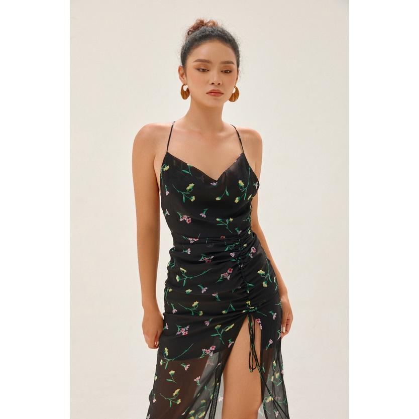 Nene Clothing - Đầm hoa đen xẻ tà dây rút