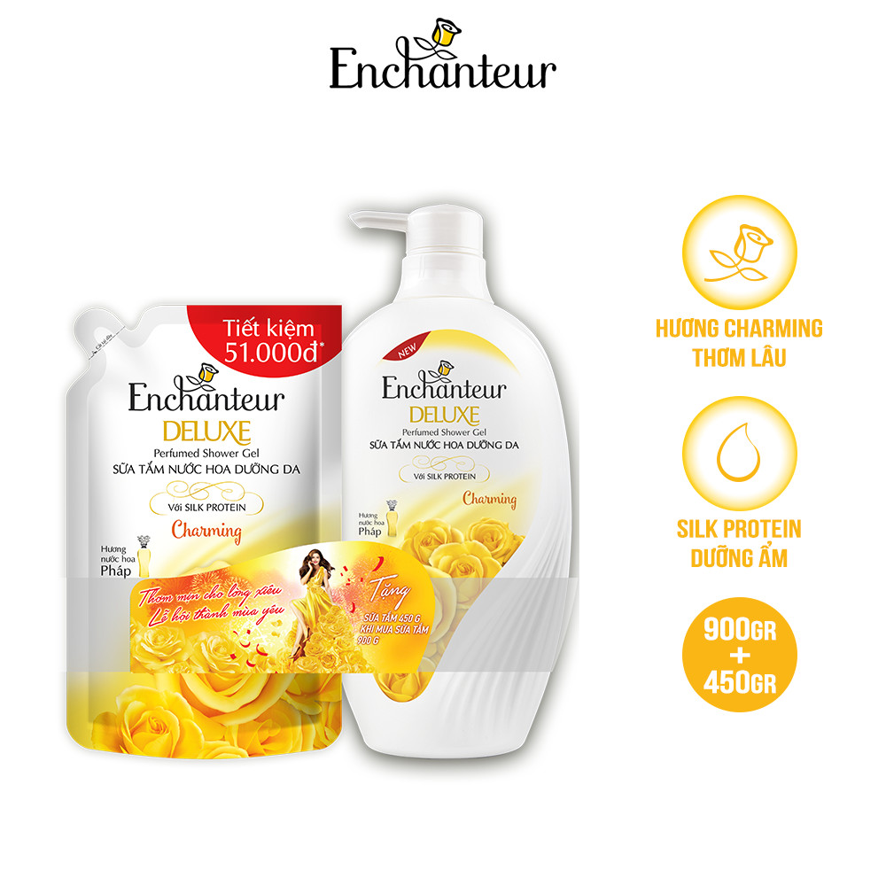 Sữa tắm nước hoa dưỡng da Enchanteur Charming 900gr - tặng túi sữa tắm 450gr NYP 2021