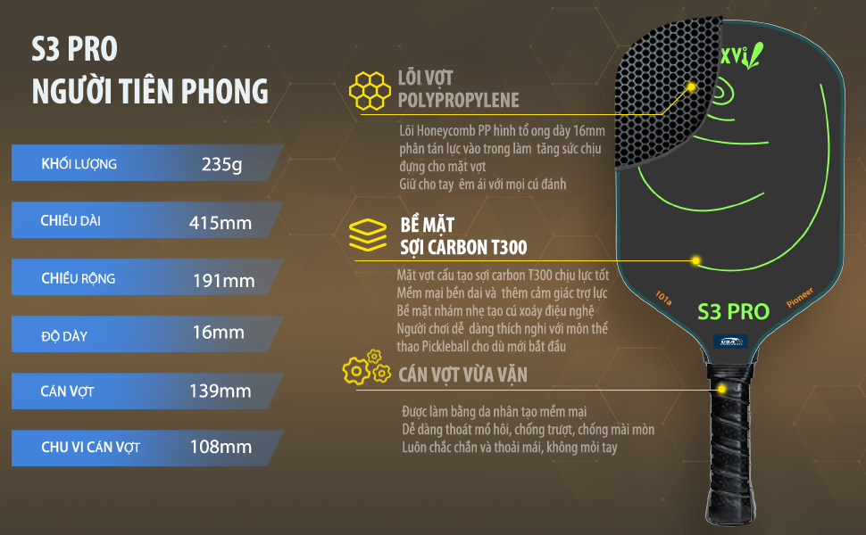 VỢT PICKLEBALL MAXVI S3 PRO MẶT SỢI CARBON T300 DÀNH CHO NGƯỜI BẮT ĐẦU CHƠI - ĐÁNH CỰC ĐÃ
