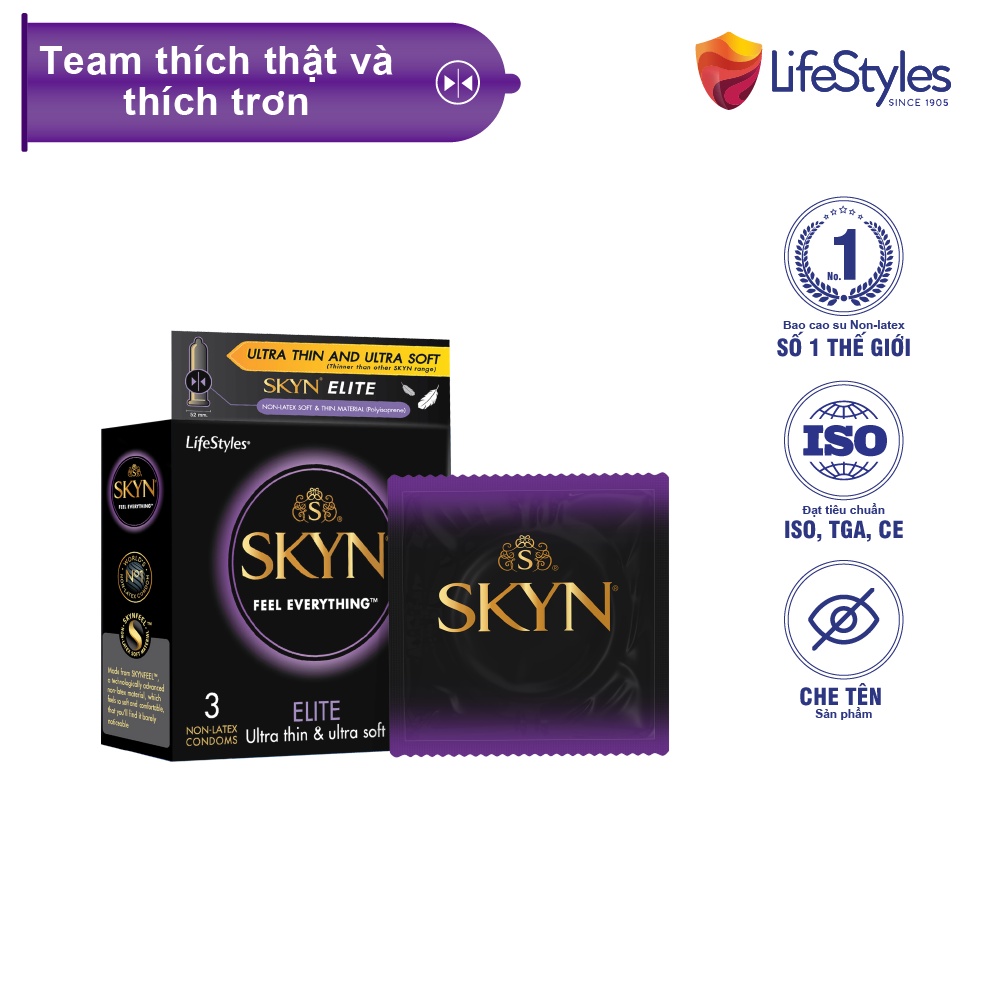 Bao Cao Su LifeStyles SKYN ELITE Non-latex Siêu Mỏng, Siêu Mềm, Nhiều Gel Bôi Trơn, Không Mùi Cao Su - Hộp 3 bao