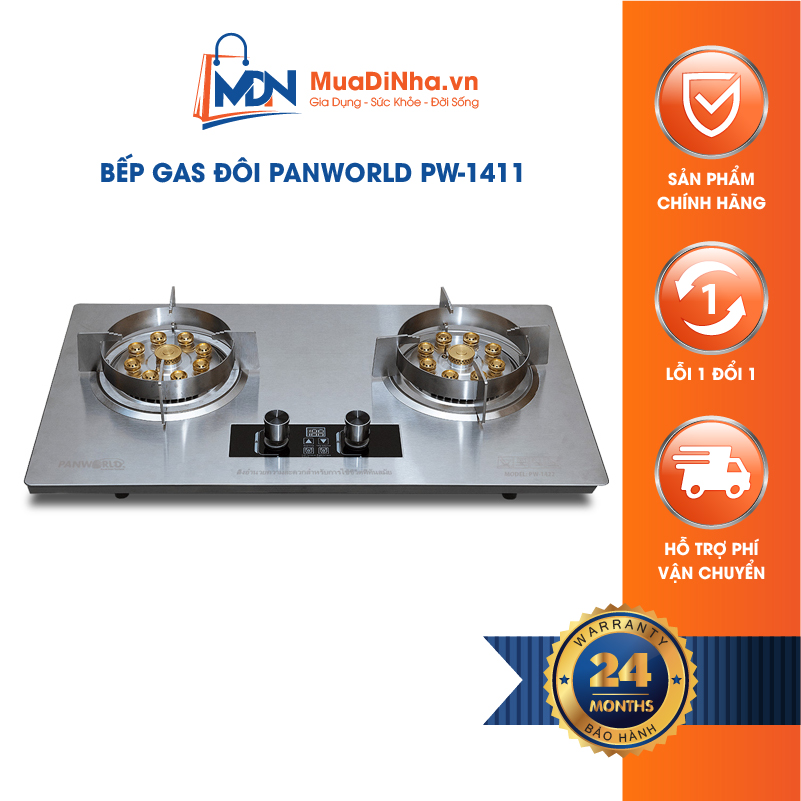 Bếp gas đôi Panworld PW-1411 lắp đặt âm hoặc dương với 9 đầu đốt kèm tính năng hẹn giờ - Hàng chính hãng