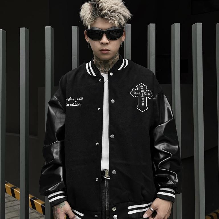 Bomber tay da , varsity jacket nam nữ chất dạ 2 lớp , áo khoác bóng chày local brand unisex - Gin Store