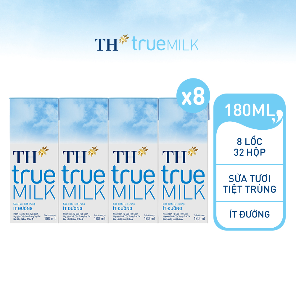 8 Lốc sữa tươi tiệt trùng ít đường TH True Milk 180ml (180ml x 4 hộp)