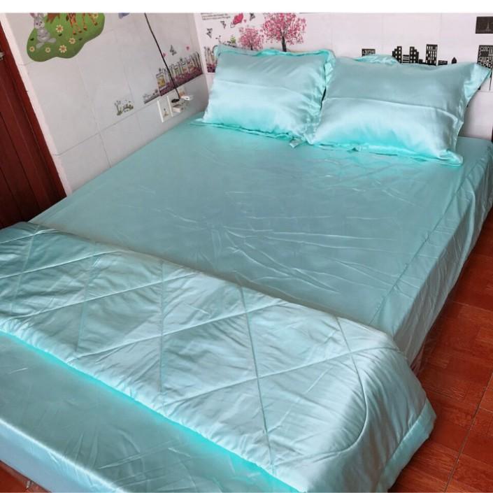 Bộ 5 Món Chăn Trần Bông Ga Gối Phi Lụa Thương hiệu LAN PHAM BEDDING Mát Mịn - Màu Xanh Ngọc