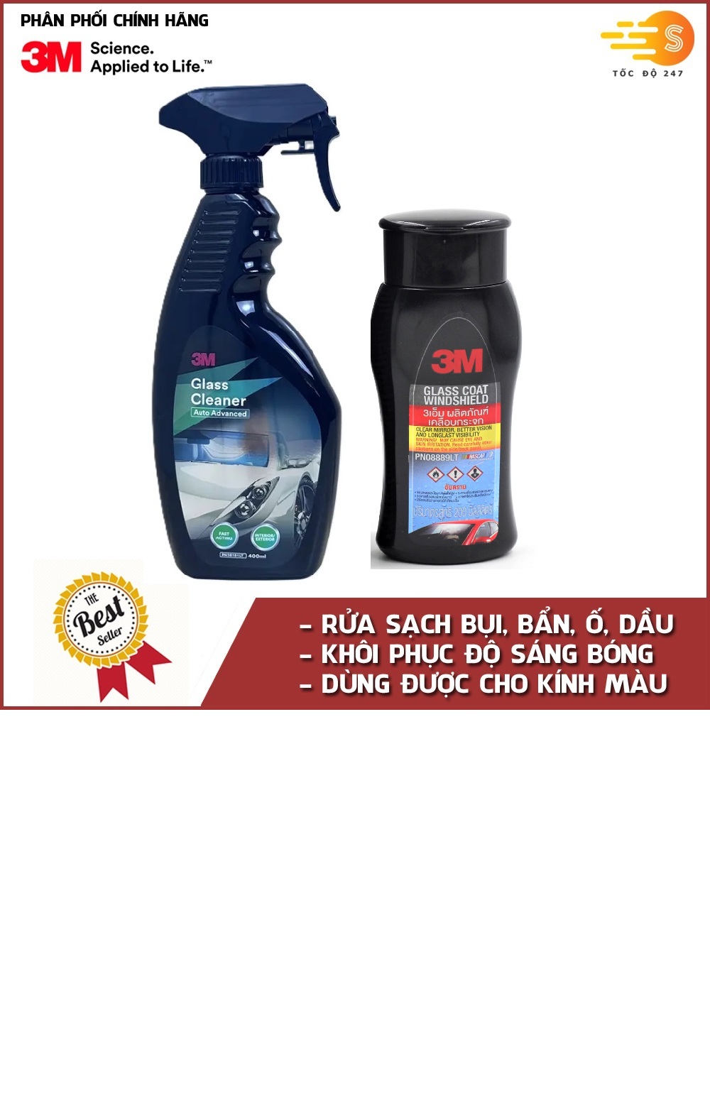 Bộ 2 Dung dịch chống bám nước trên kính xe 3M 08889LT và dung dịch rửa kính ô tô 3M PN38191LT