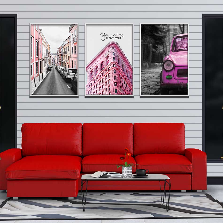 Bộ 3 tranh canvas treo tường Decor Đường phố và xe, tông hồng hiện đại - DC150