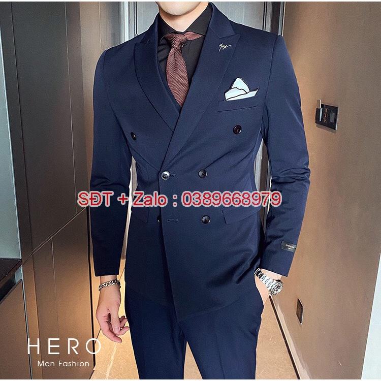 Bộ Vest Nam Cao Cấp 6 cúc Màu Xanh than, Bộ suit Nam 6 Cúc màu Tím than