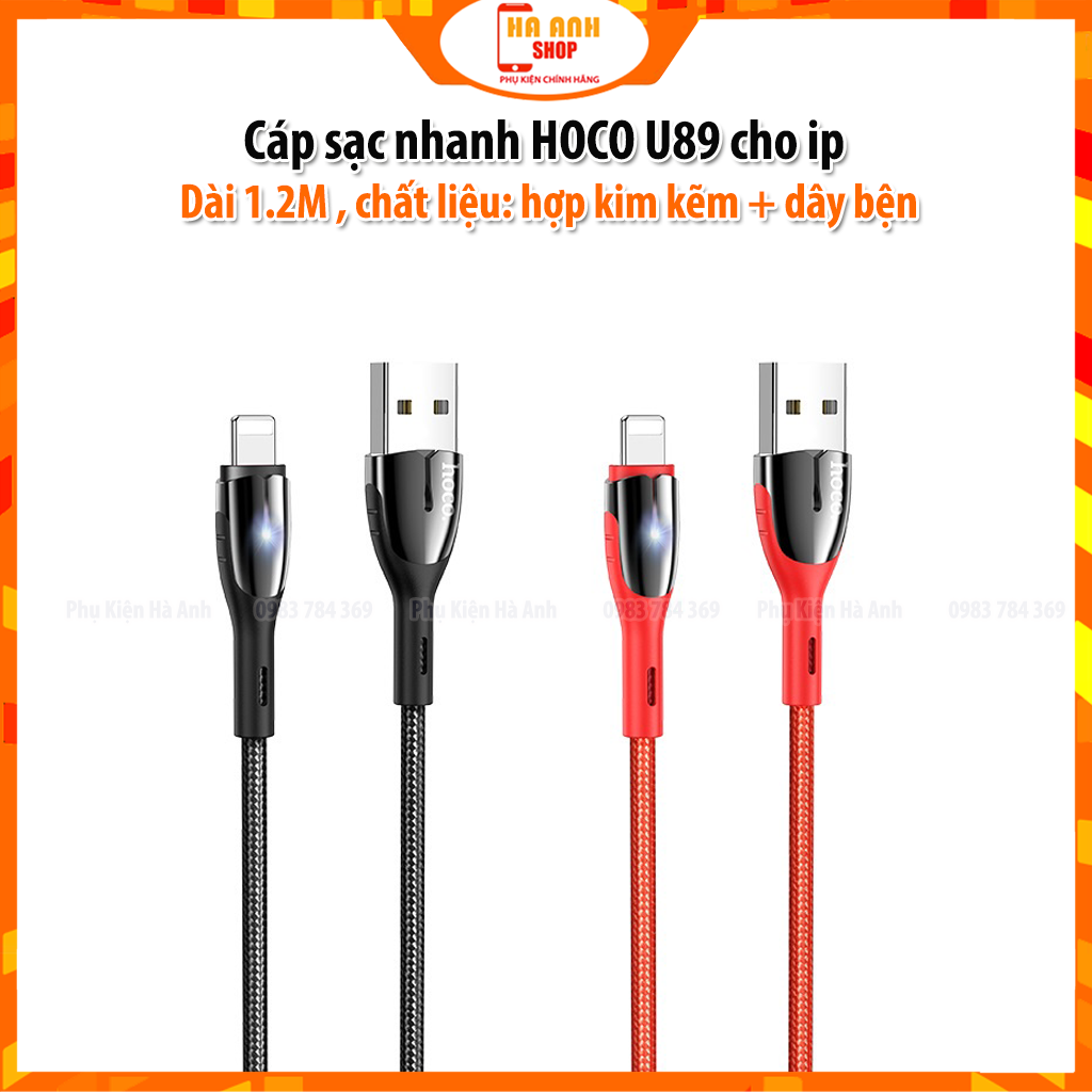 Cáp sạc nhanh Hoco U89 dành cho iP dài 1.2M - 2.4A có đèn báo Hàng chính hãng