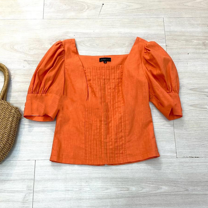 Áo kiểu nữ xếp ly ngực cổ vuông tay bồng dễ thương ArcticHunter, chất vải Linen Hàn mềm mát xịn xò