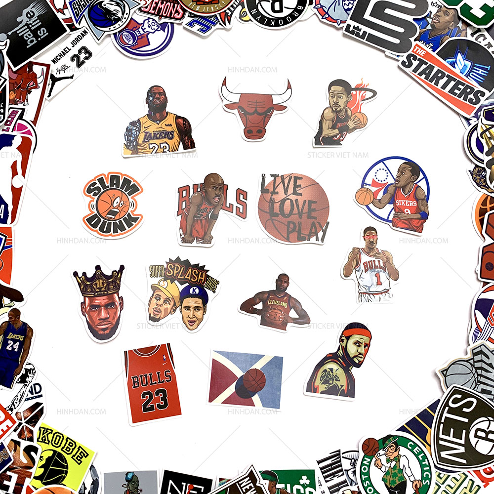 Sticker NBA Bóng Rổ - Chất Liệu PVC Chất Lượng Cao Chống Nước - Kích Thước 4-8cm