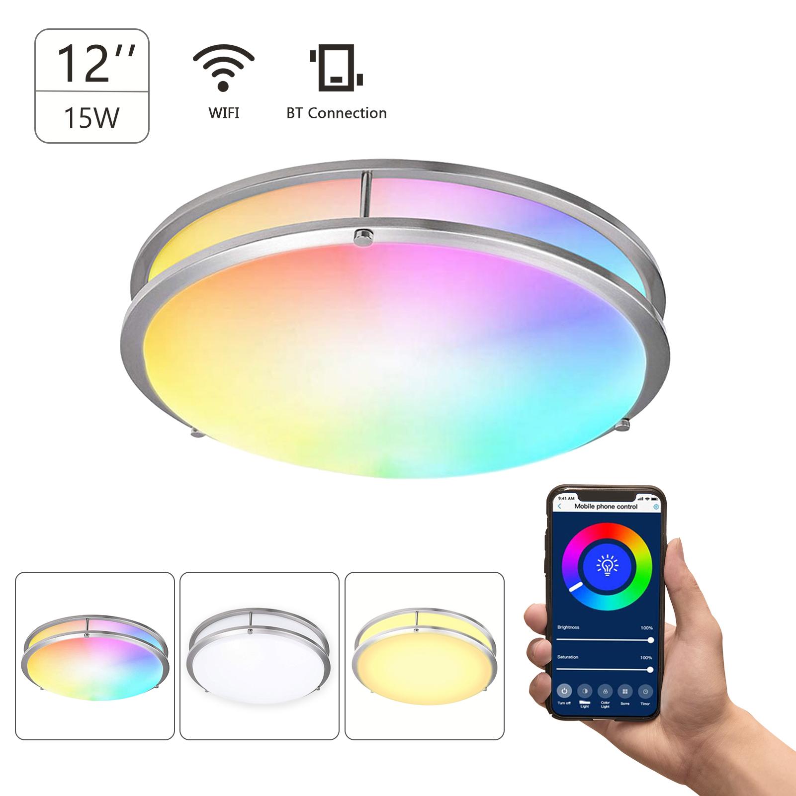 Smart Ceiling Light 14-inch 18W Flush Mount Wi-Fi Ceiling Lamp 2700K-6500K White & RGB Multicolored Dimmable Ceiling