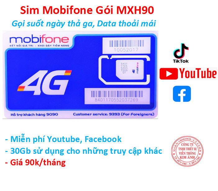 Sim nghe gọi Mobifone 4G gói MXH90, miễn phí 30GB, data mạng xã hội và gọi, Hàng chính hãng