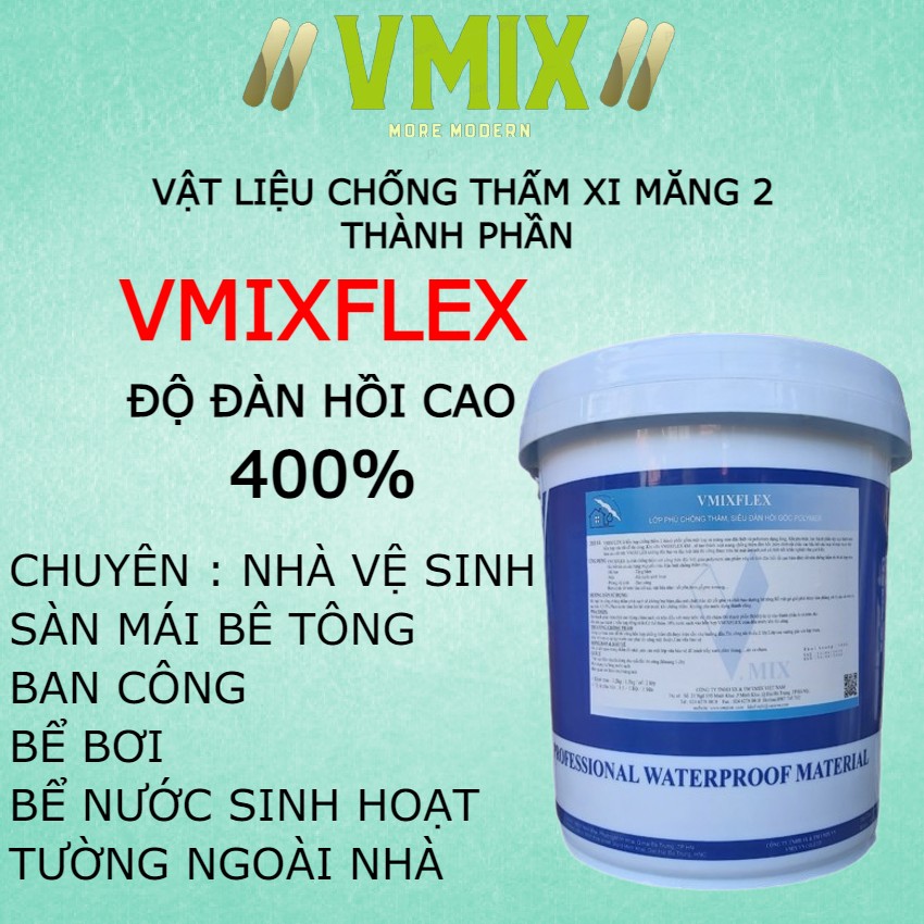 [5kg] Chống thấm không độc hại dùng cho bể cá koi,bể nước sinh hoạt ,cho bể bơi,sàn mái,ban công,tường ngoài nhà,nhà vệ sinh,dễ dàng thi công ,độ đàn hồi cao ,VMIXFLEX.VMIX ECO