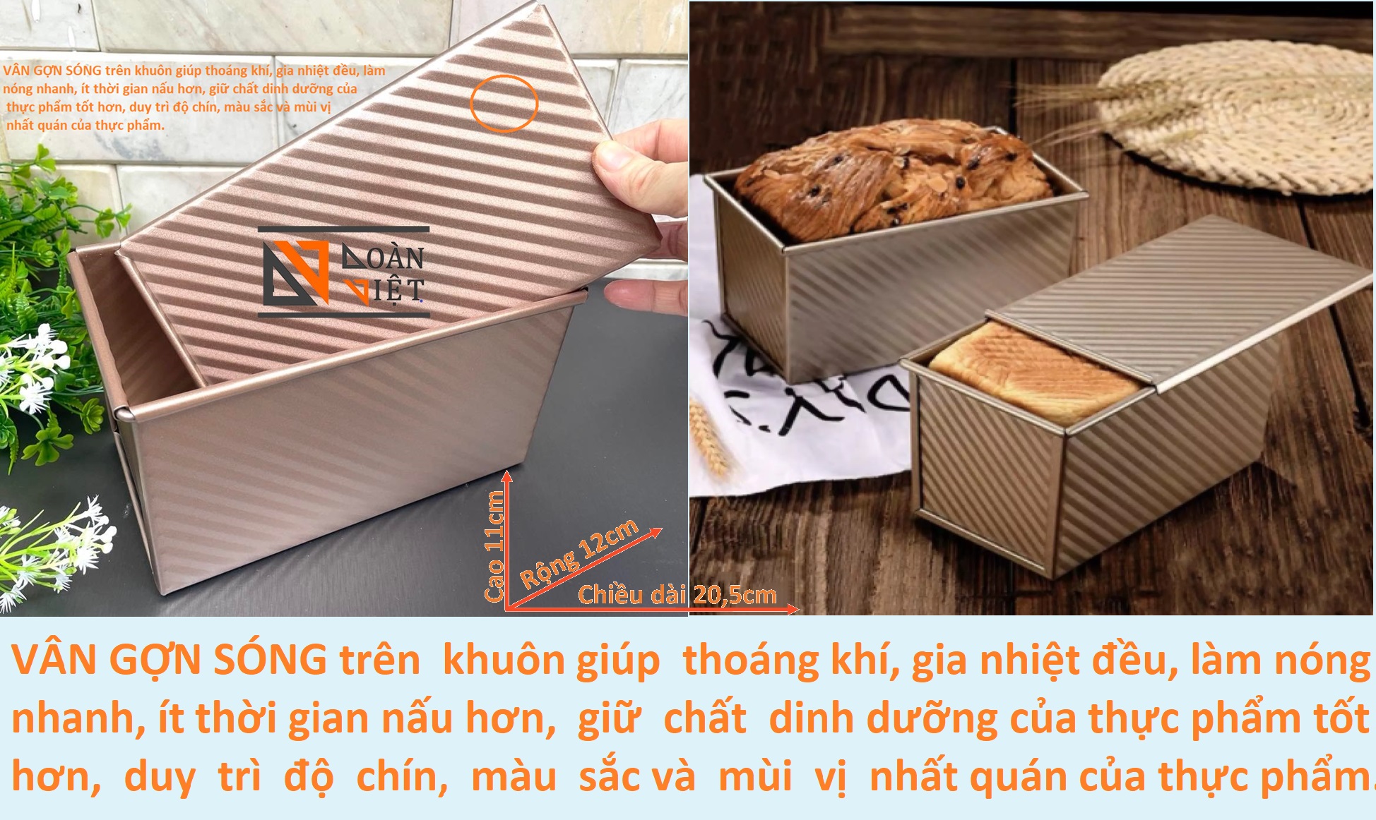 BÁNH MÌ SANDWICH vân GỢN SÓNG mẫu mới SIÊU ĐẸP CAO CẤP. Khuôn bánh mì gối Thép CARBON chống dính màu VÀNG Đồng SANG TRỌNG. Khay lớn với kích thước 20.5 x 12x 11cm