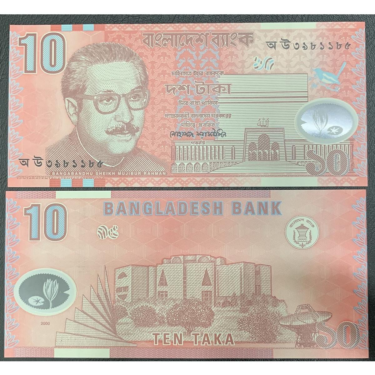 Tờ tiền 10 taka của Bangladesh bằng polyme màu đỏ hồng , tiền châu Á , Mới 100% UNC , sưu tầm