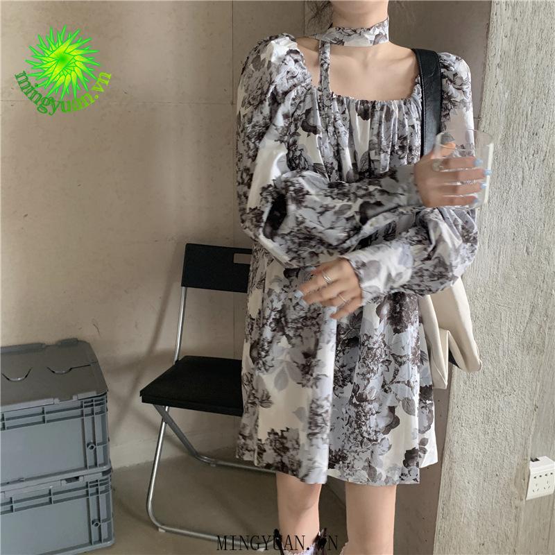 Đầm Dài Tay In Họa Tiết Màu Mực Phong Cách Retro