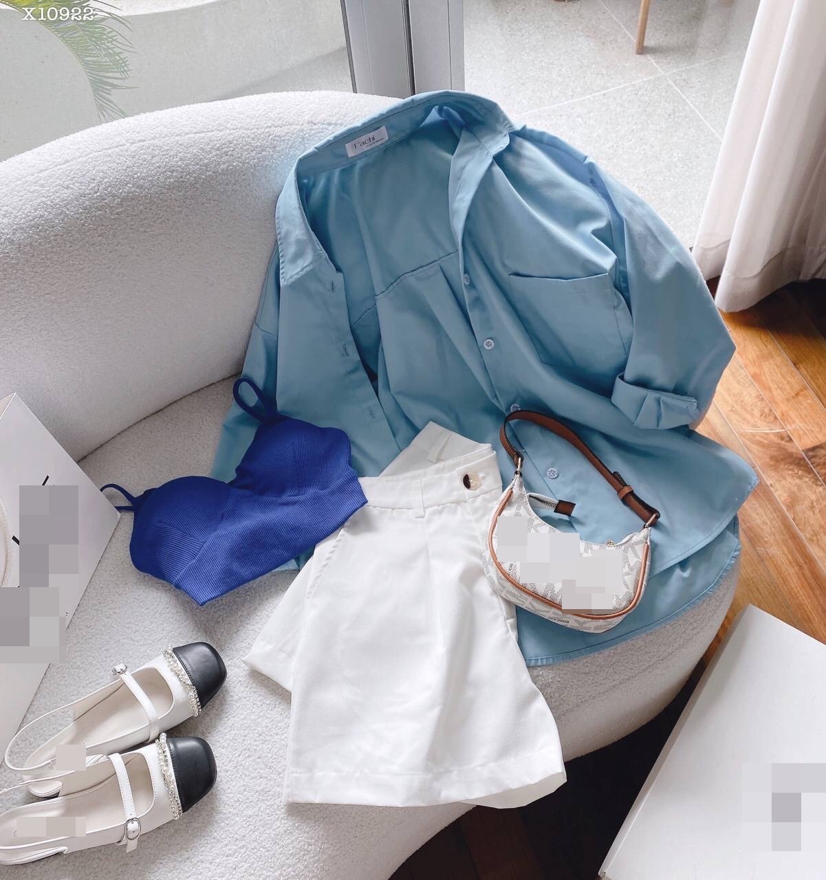 SET ÁO BRA CROPTOP DÂY XANH DƯƠNG + SƠ MI TAY DÀI PASTEL + QUẦN SHORTS NGẮN LƯNG CAO ỐNG RỘNG ĐI BIỂN