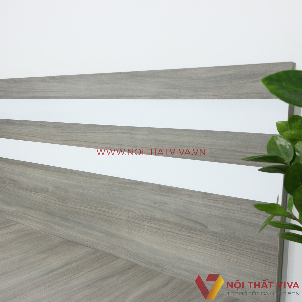 Giường Ngủ MDF Melamine Màu Xám Vân Gỗ Chỉ Trắng Có Hộc Kéo Hiện Đại