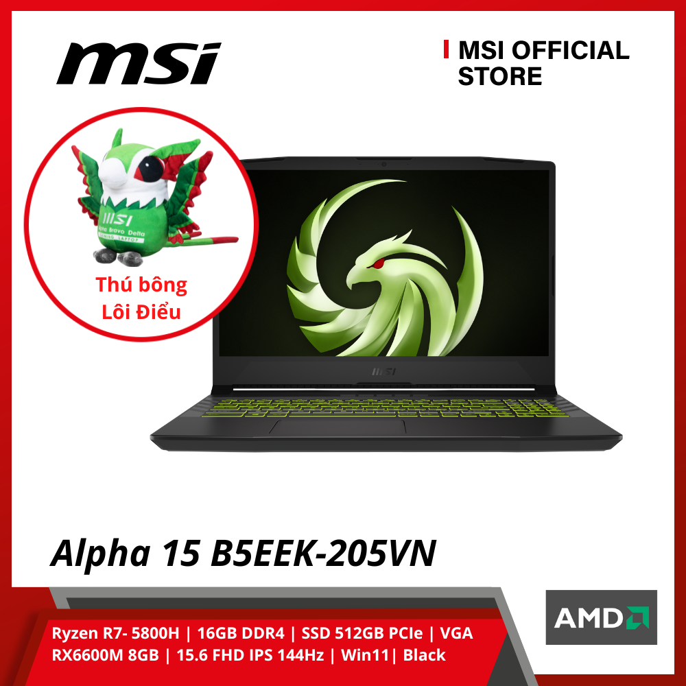 Laptop MSI Gaming Alpha 15 B5EEK-205VN (Ryzen R7- 5800H | 16GB DDR4 | SSD 512GB PCIe | VGA RX6600M 8GB | 15.6 FHD IPS 144Hz | Win11| Black) - Hàng Chính Hãng