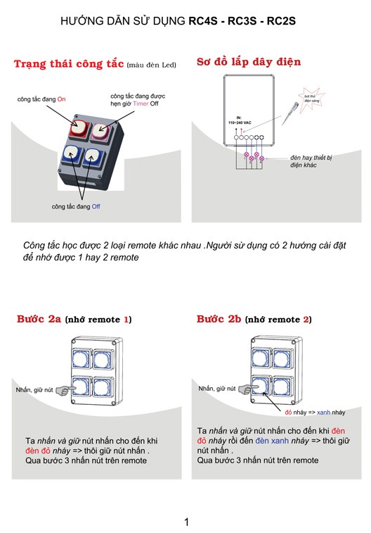 Công tắc bật/tắt điều khiển từ xa thông minh RC4S ( Tặng 02 nút kẹp cao su giữ dây điện cố định )