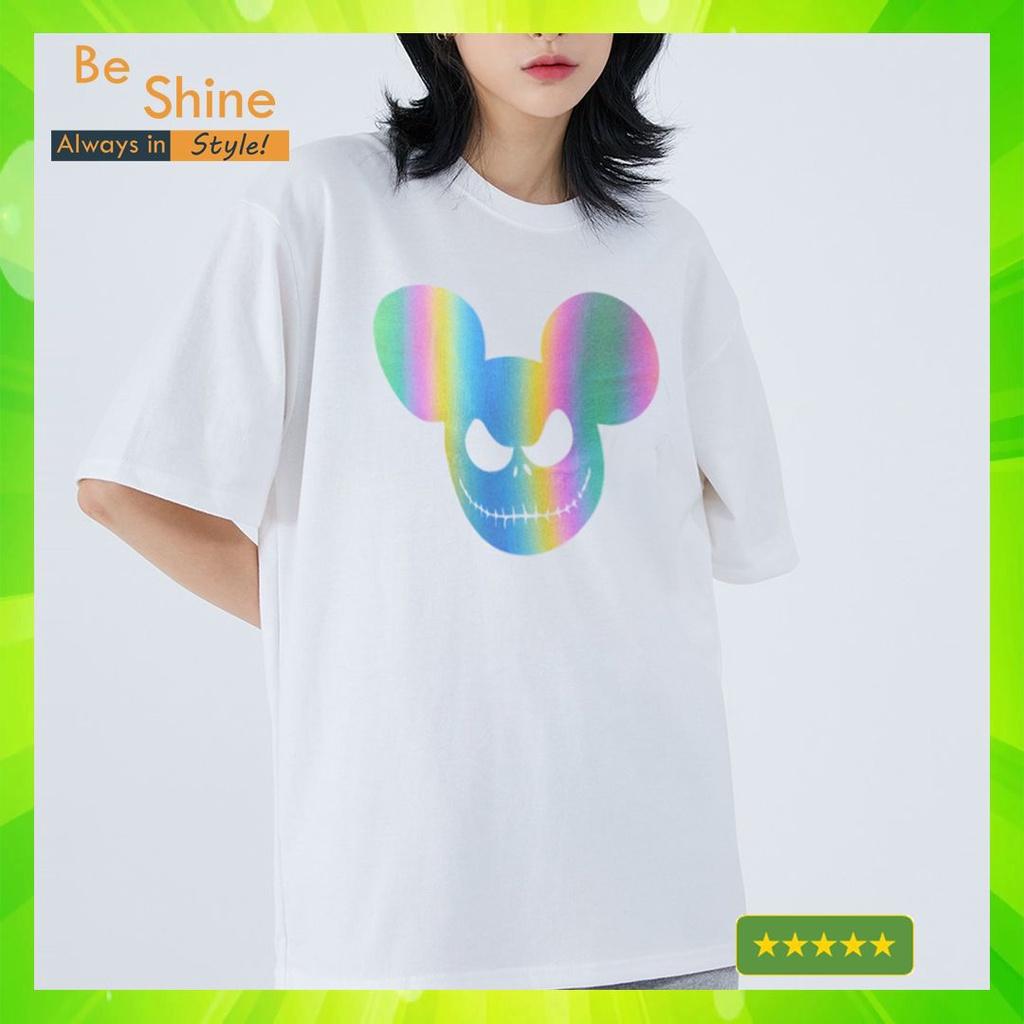 Áo Thun Unisex Form Rộng Hình Chuột Mickey Ma Quái Phản Quang Bảy Màu, Áo Phông Basic Cotton Cổ Tròn Tay Ngắn Thời Trang