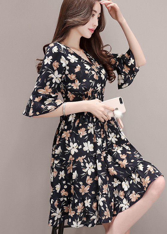 Đầm Hoa Cổ V Tay Ngắn Dễ Thương BY1110